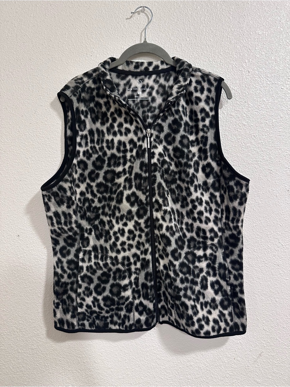 New York & Company Black and White Leopard Zip-Up Fleece